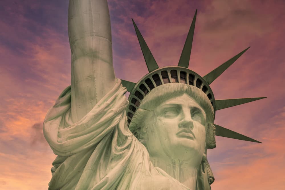 Lady Liberty Sunset Sky by Melanie Viola — canvas wall art