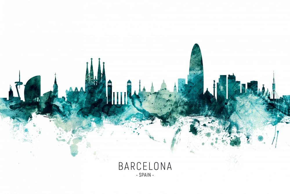Barcelona Aqua Silhouette by Michael Tompsett — canvas wall art