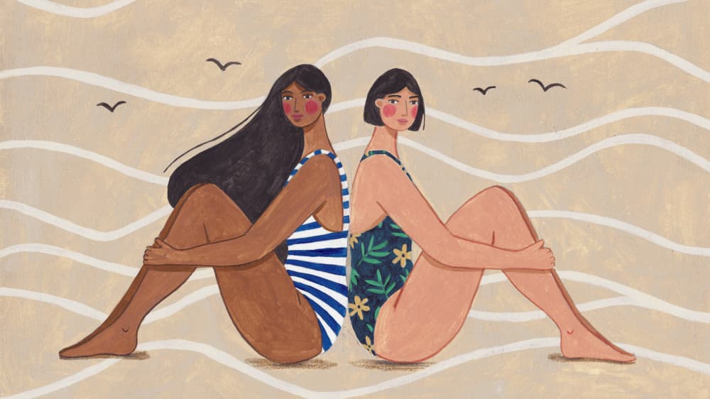 Women by the Sea – Modern Beach Illustration by Caroline Bonne Müller — canvas wall art