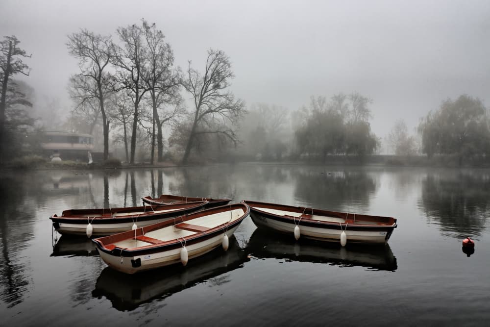 Misty Morning Boats by Bojan Bencic — canvas wall art