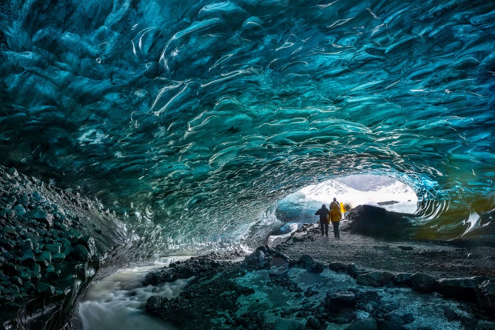 Turquoise Ice Cave Adventure by Ti Wang — canvas wall art