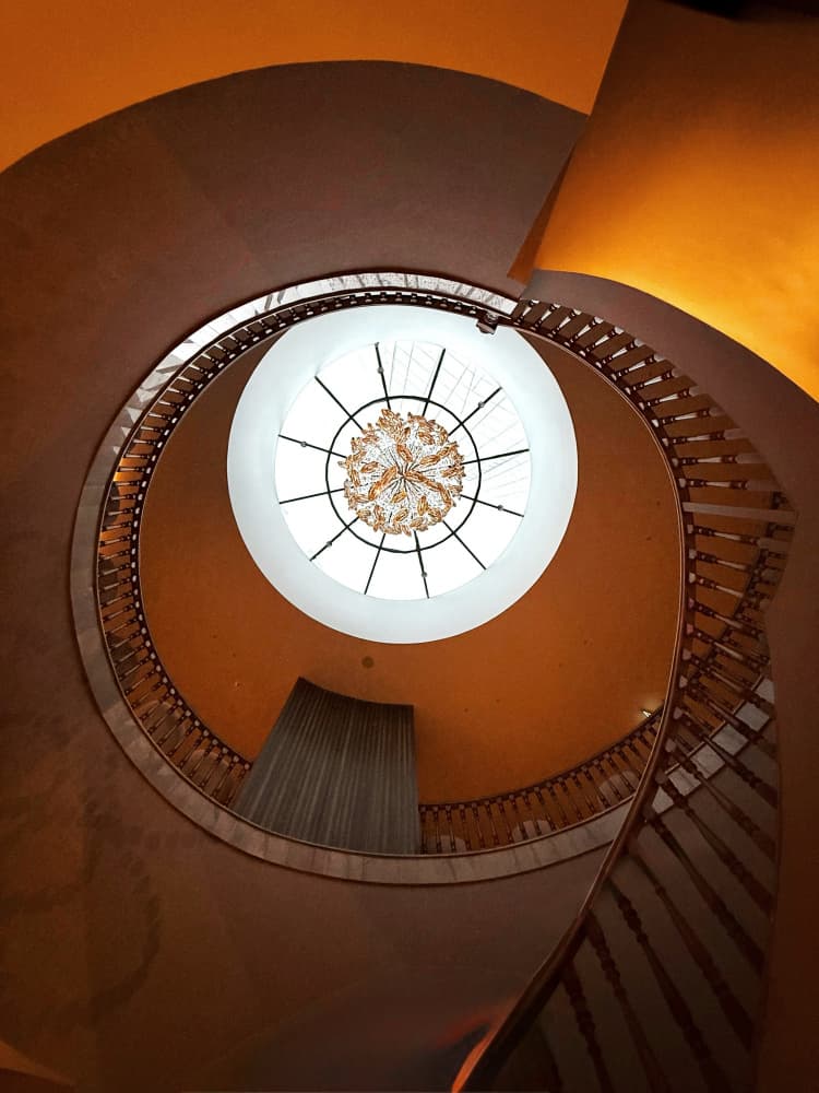 Golden Spiral Staircase Chandelier by Jiahong Zeng — canvas wall art