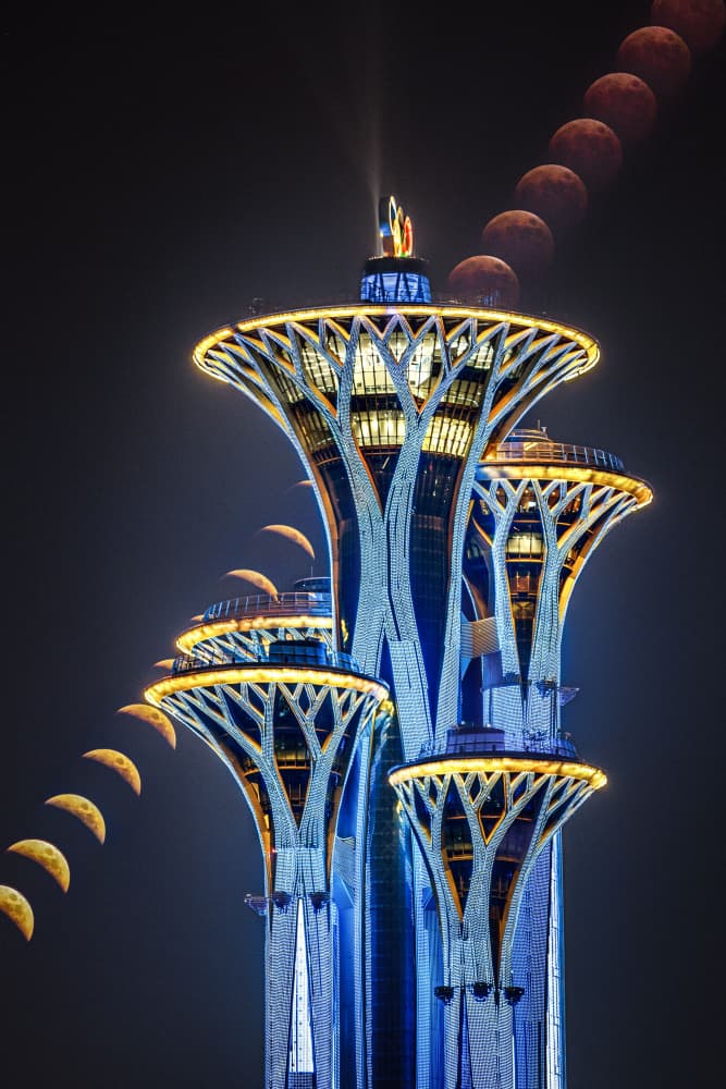 Night Skyscraper Lunar Arc by Ran Shen — canvas wall art