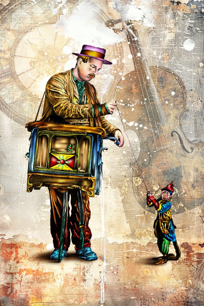 Vintage Organ Grinder and Puppet by Rafal Kulik — canvas wall art