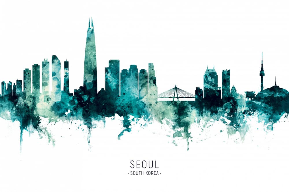 Seoul Skyline Watercolor by Michael Tompsett — canvas wall art