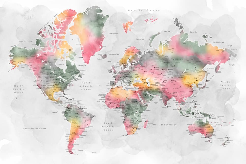 Colorful Watercolor World Map by Rosana Laiz Blursbyai — canvas wall art