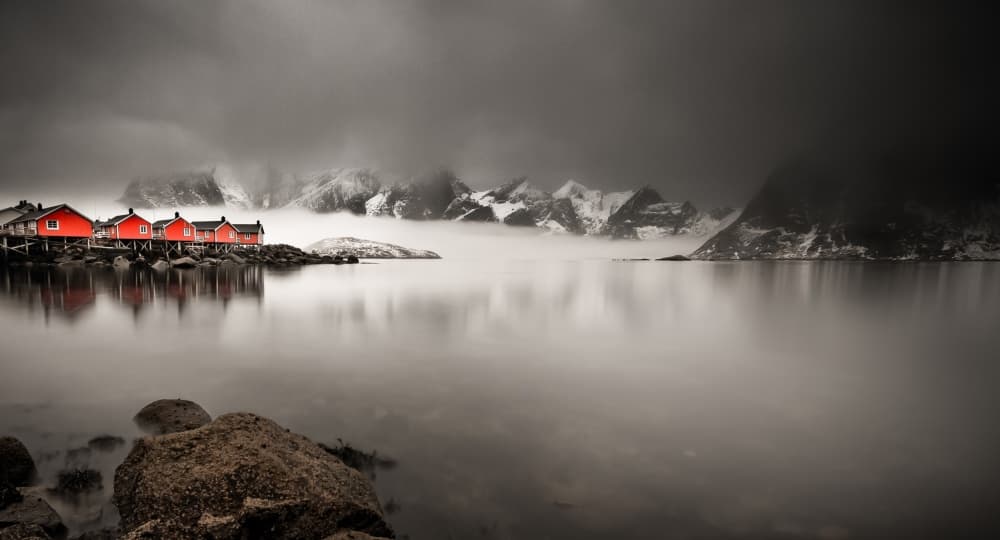 Misty Red Cabins Fjord by Lior Yaakobi — canvas wall art