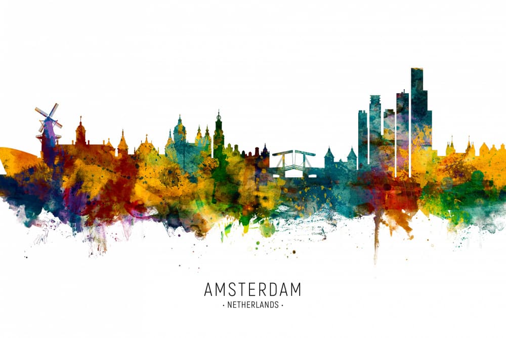 Vibrant Amsterdam Skyline by Michael Tompsett — canvas wall art
