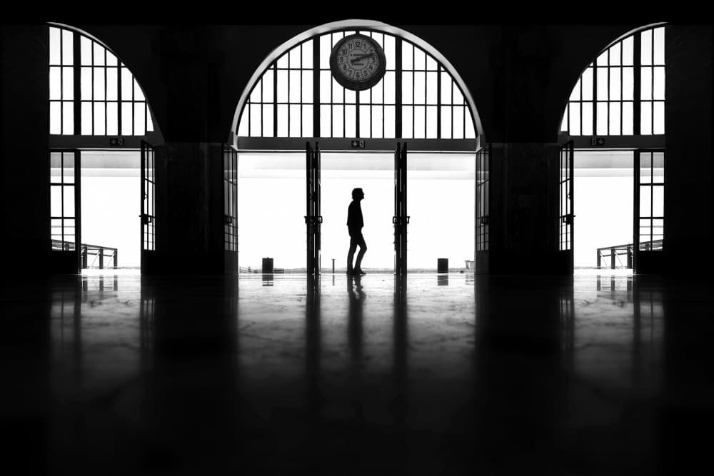 Station Clock Silhouette by Jorge Pimenta — canvas wall art