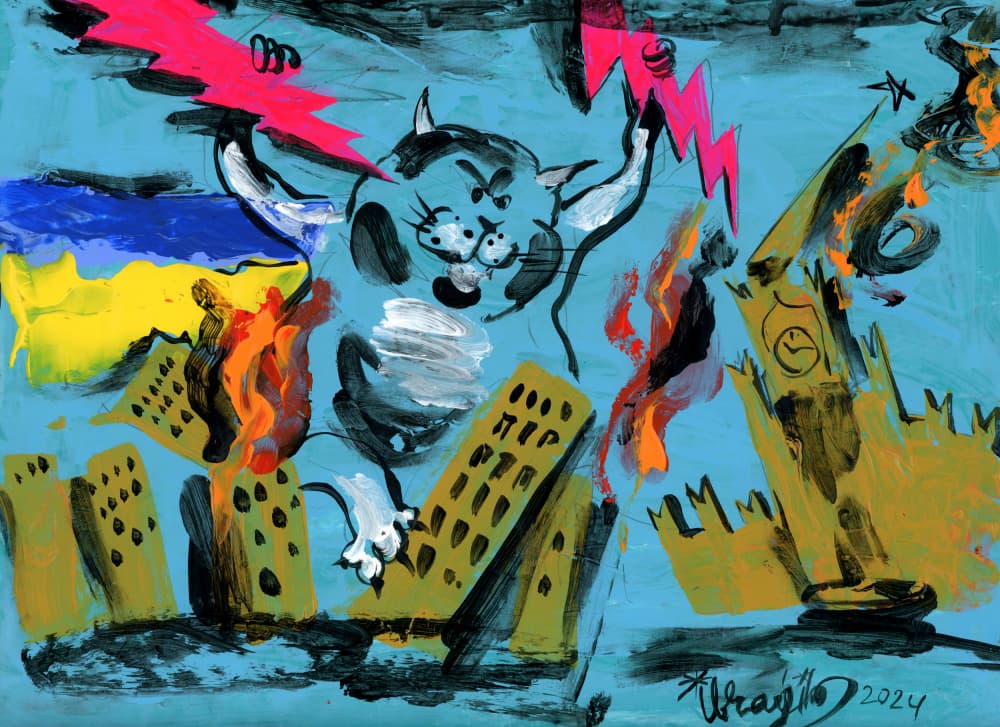 War Bull Over Burning City by Kanat Ibragimov — canvas wall art