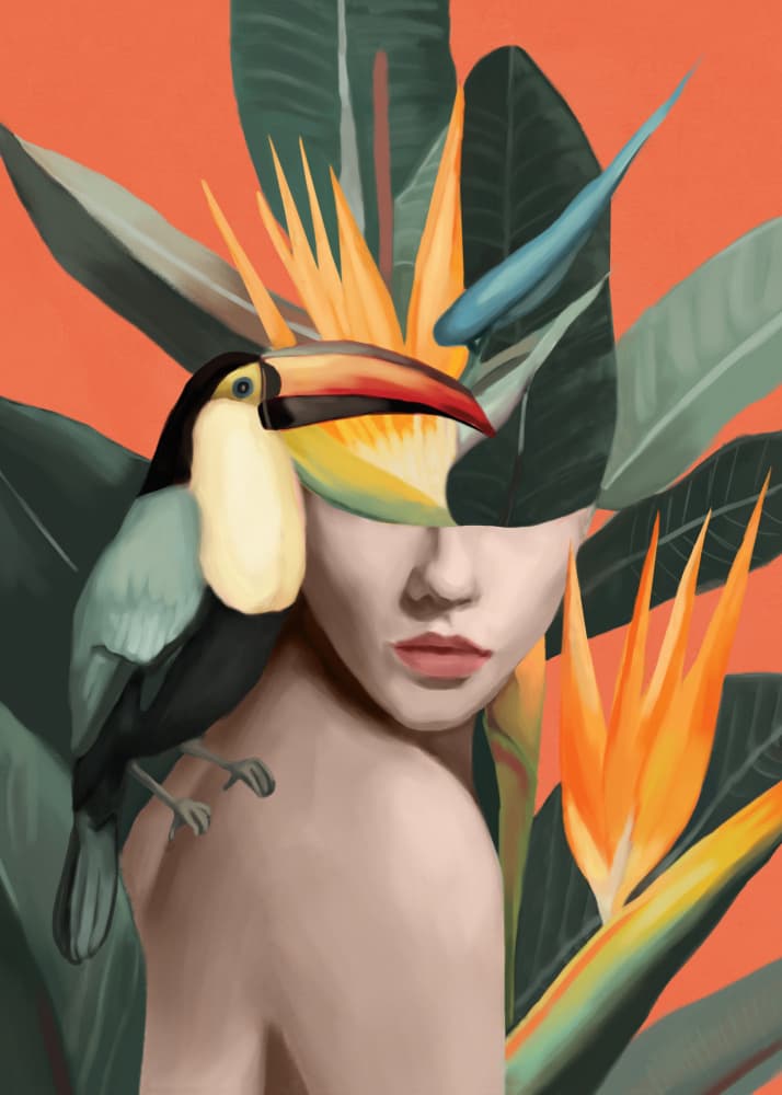 Tropical Woman Toucan by Nadjaa — canvas wall art
