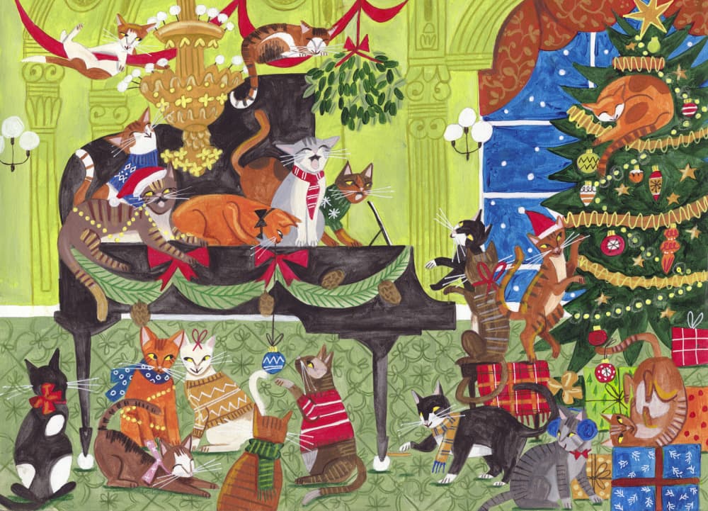 Cats playing piano Christmas by Caroline Bonne Müller — canvas wall art
