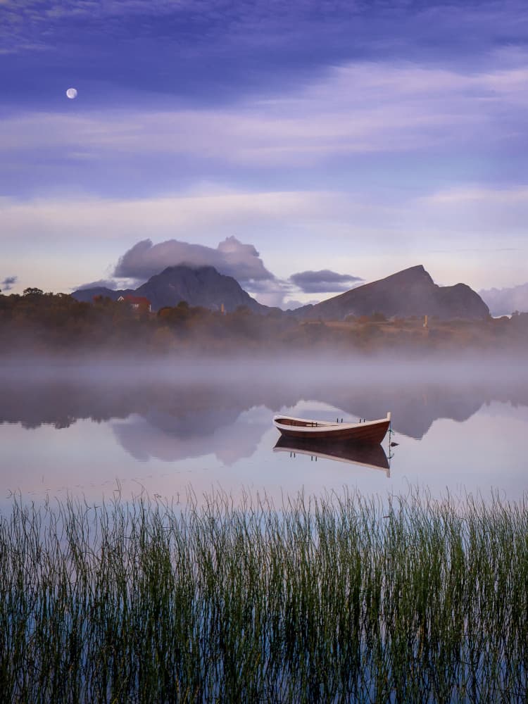 Serene Boat on Misty Lake by Stefan Gunnarsson — canvas wall art
