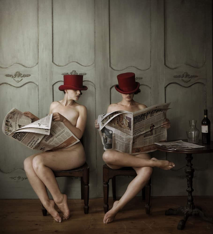 Red Hats Reading News by kenp — canvas wall art