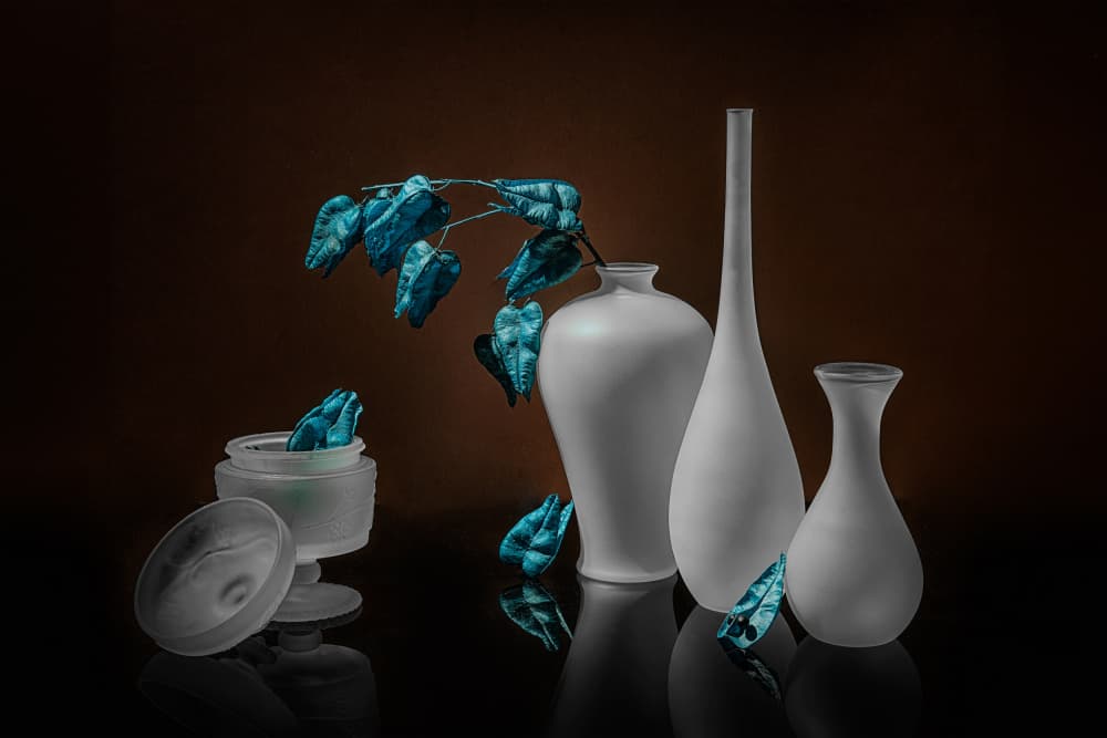 Frosted Vases Blue Leaves by Lydia Jacobs — canvas wall art