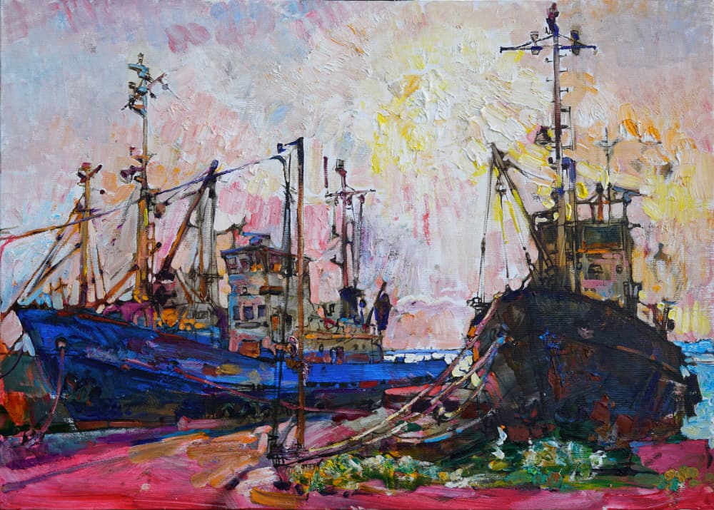 Colorful Harbor Boats by Andrii Kutsachenko — canvas wall art