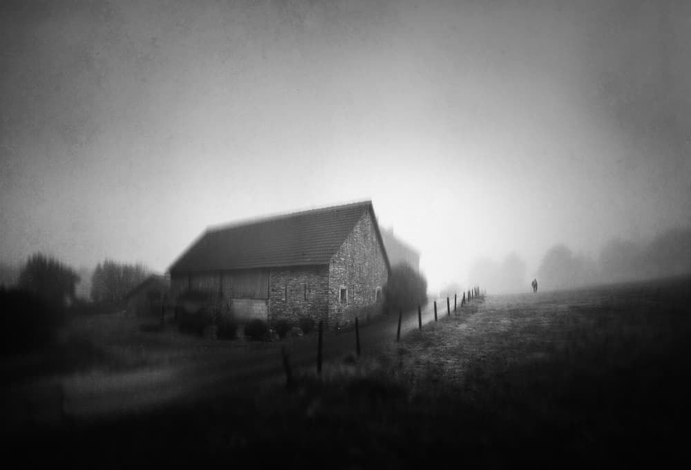 Misty Barn Countryside by Adam Dauria ☂ — canvas wall art