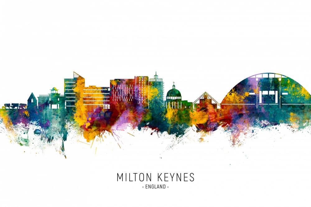 Milton Keynes Skyline Watercolor by Michael Tompsett — canvas wall art
