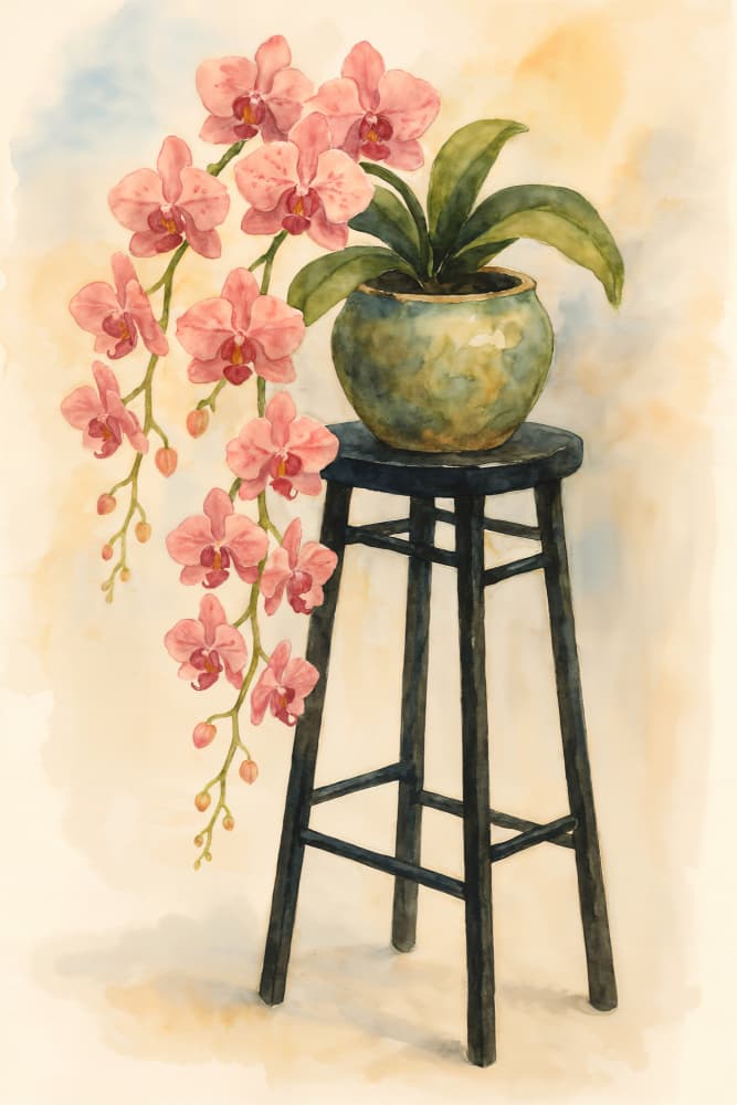 Pink Orchid on Stool by Natalie Bruns — canvas wall art