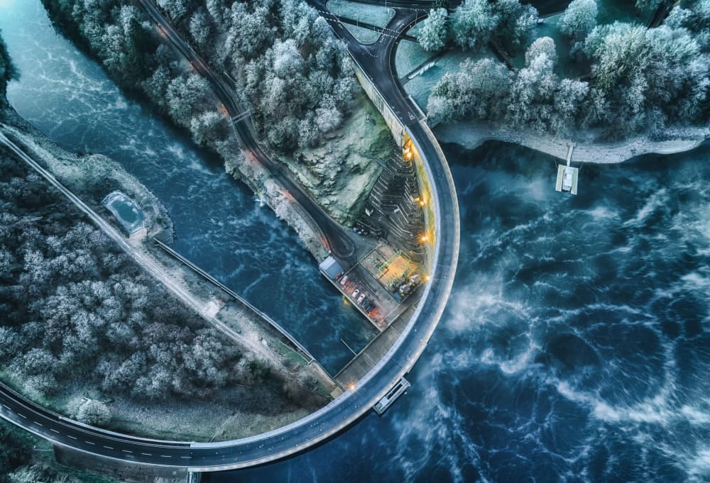 Aerial Winter River Dam by Guy Krier — canvas wall art
