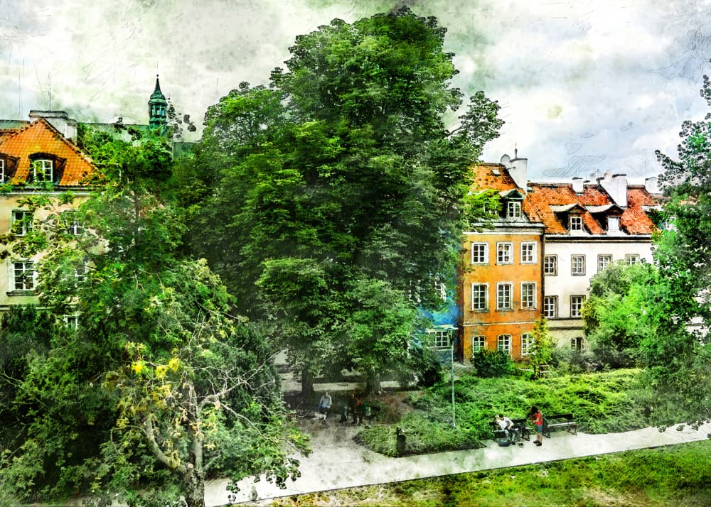 Warsaw City Watercolor Art Poland (10) by Justyna Jaszke — canvas wall art
