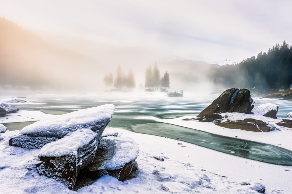Misty Winter Lake Dawn by Burim Muqa — canvas wall art