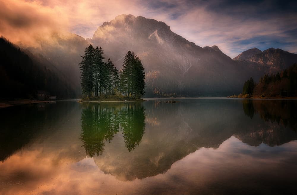 Serene Island Lake Reflections by Drago Vogrinec — canvas wall art