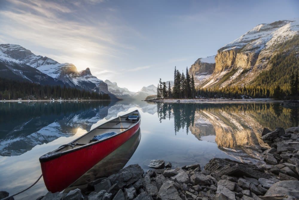 Golden Hour Lake Canoe by Evgeny Chertov — canvas wall art
