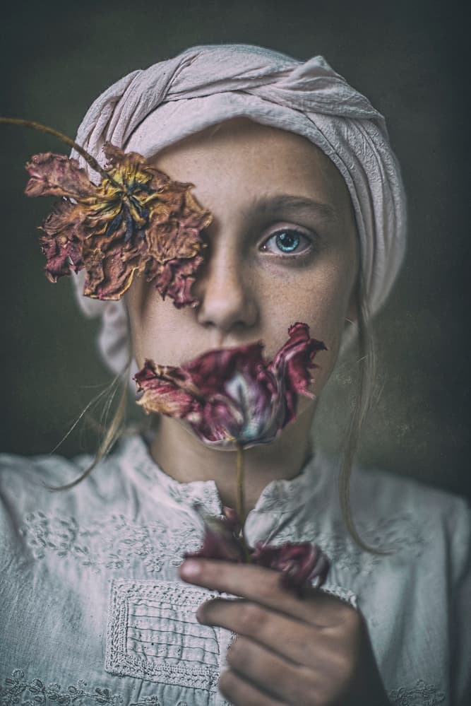 Mysterious Girl with Flowers by Ewa Cwikla — canvas wall art