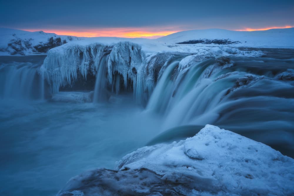 Frozen Waterfall Winter Glow by Carlos Gonzalez — canvas wall art