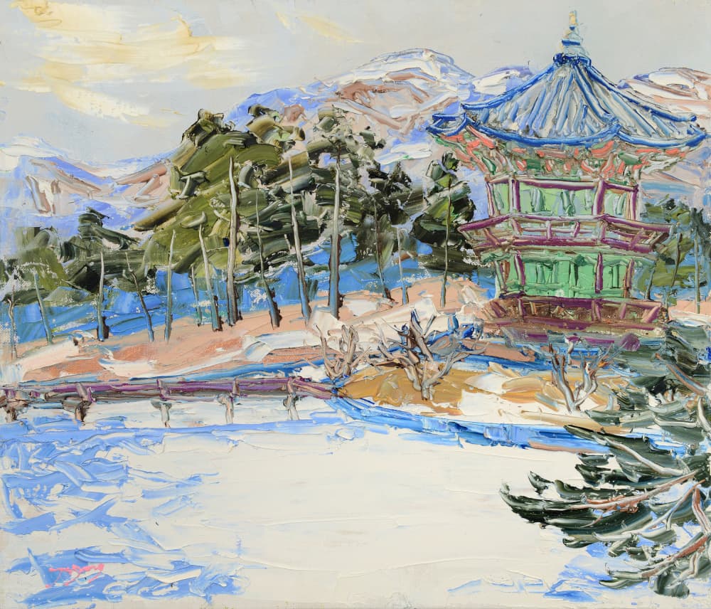 Snowy Korean Pavilion by Jukyong Park — canvas wall art