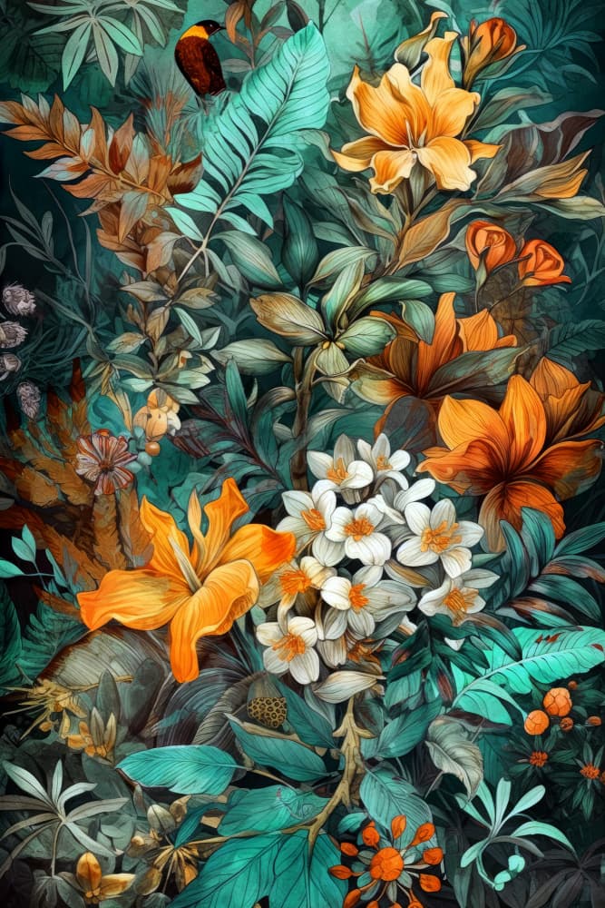 Lush Tropical Flora Bird by Justyna Jaszke — canvas wall art