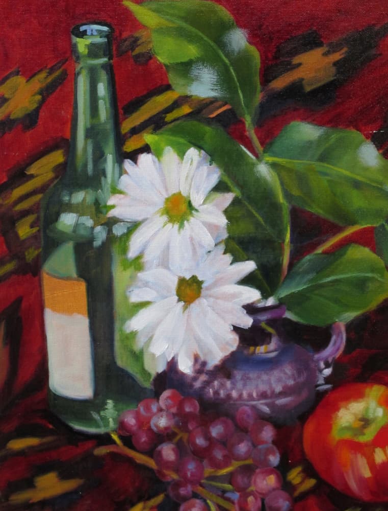 Bottle Fruit and Daisies by Maxine Shore — canvas wall art