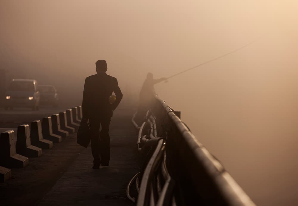 Golden Fog Commute by Julien Oncete — canvas wall art