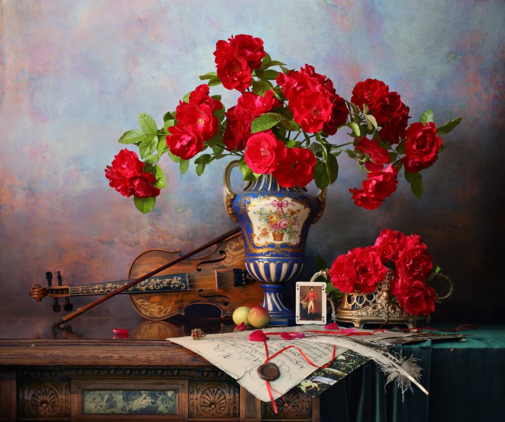 Classical Roses and Violin by Andrey Morozov — canvas wall art