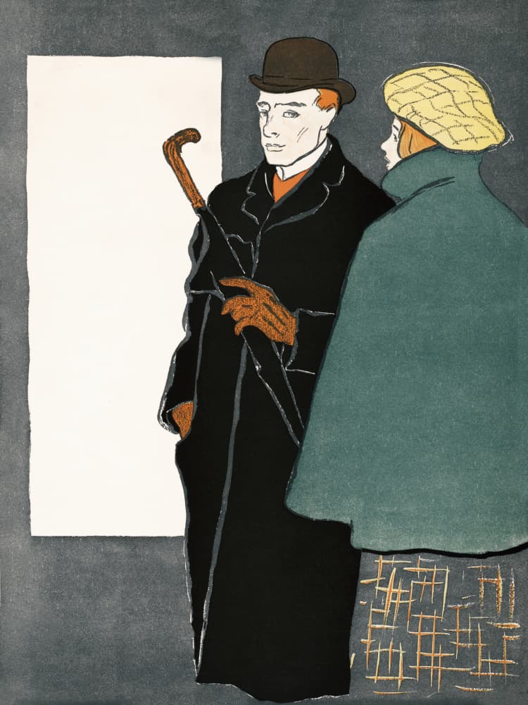 Man With Walking Stick and Woman (1896) by Edward Penfield — canvas wall art