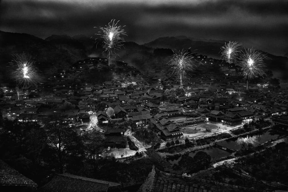 Village Fireworks Night by BJ Yang — canvas wall art