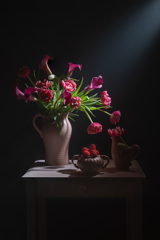 Dramatic Pink Flowers Still Life by Lydia Jacobs — canvas wall art