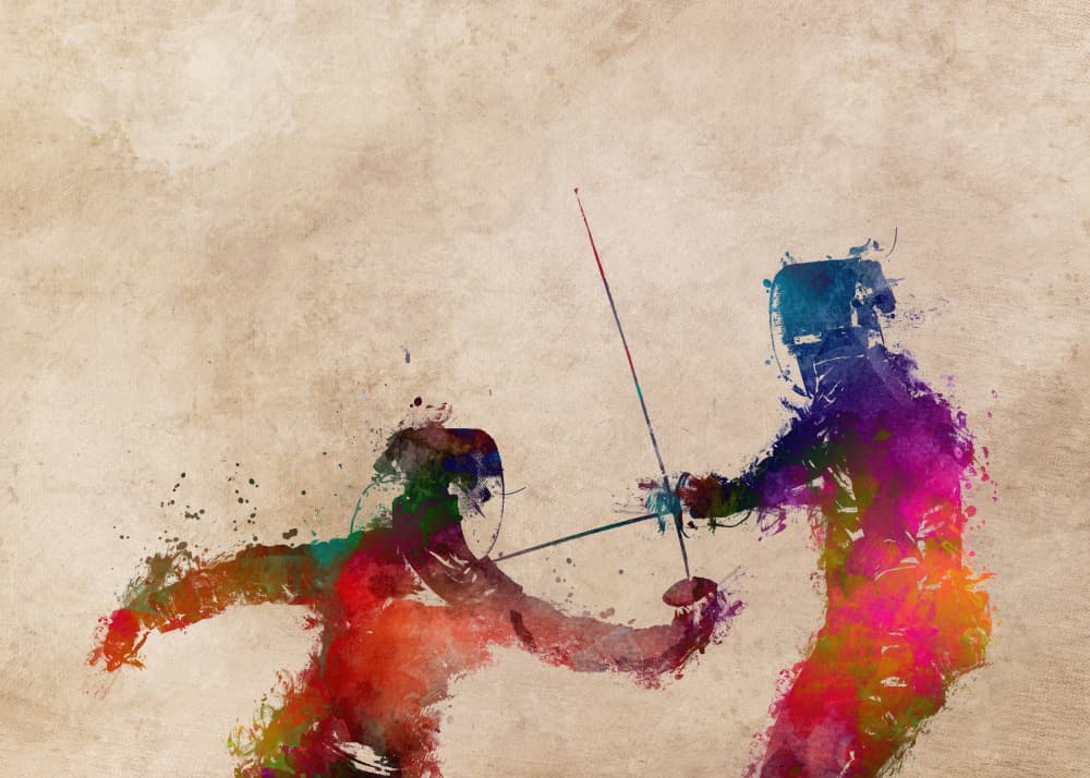 Vibrant Fencing Action by Justyna Jaszke — canvas wall art