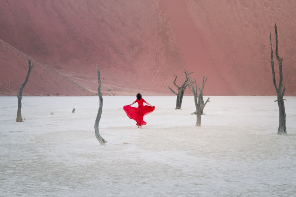 Red Dress Desert Dream by Chao Feng 天馬 — canvas wall art