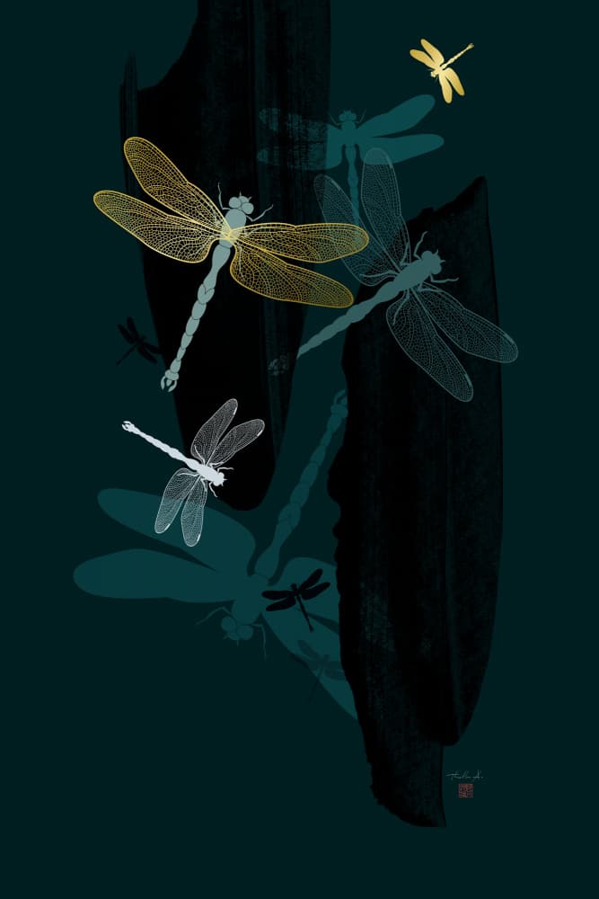 Golden Dragonflies Flight by Thoth Adan — canvas wall art