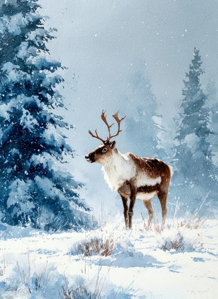 Snowy Forest Reindeer by Justyna Jaszke — canvas wall art