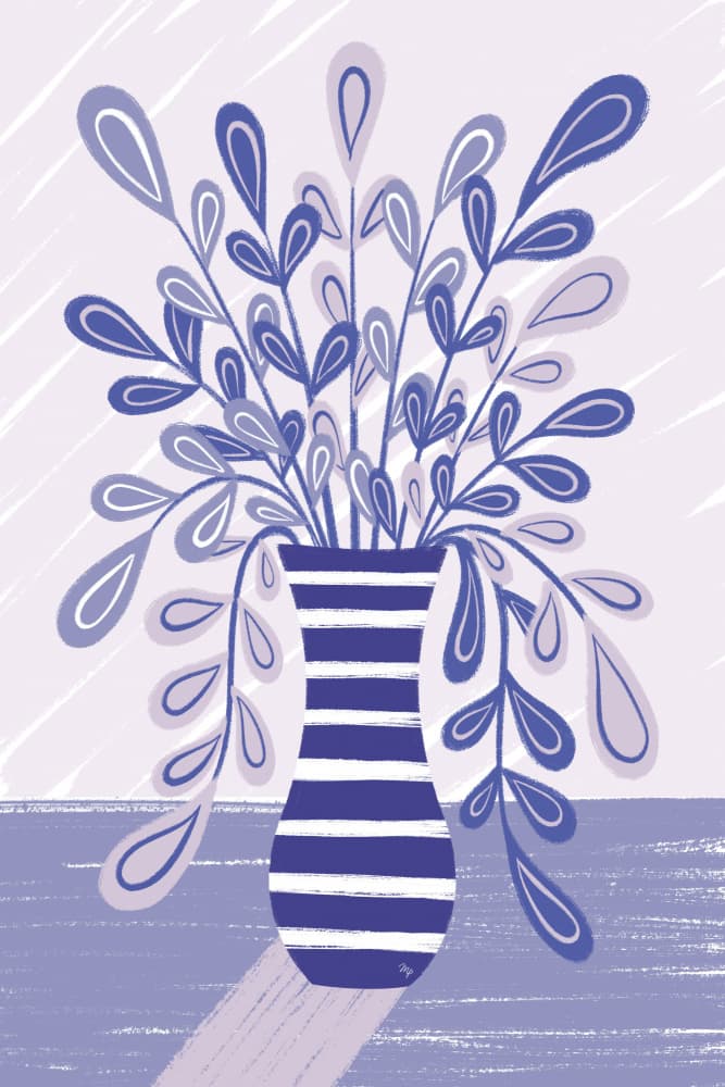 Striped Vase Blue Leaves by Martina — canvas wall art