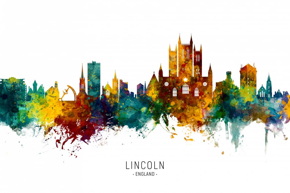Colorful Lincoln Skyline by Michael Tompsett — canvas wall art