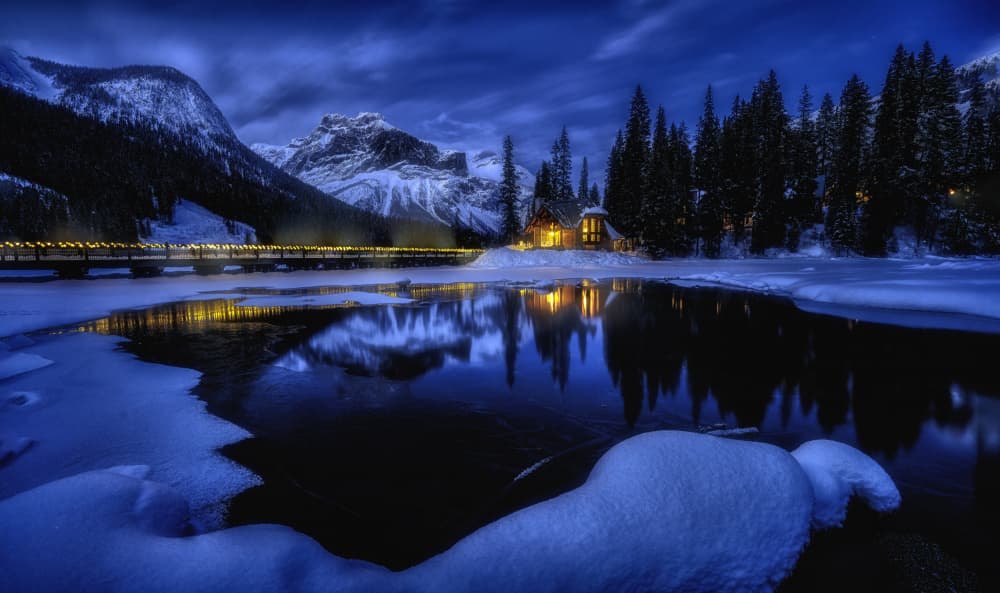 Blue Winter Cabin Reflection by Alex Lu — canvas wall art
