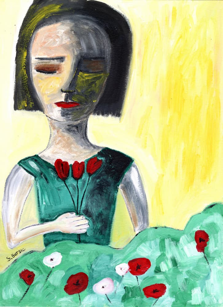 Thoughtful Woman and Flowers by Sharyn Bursic — canvas wall art