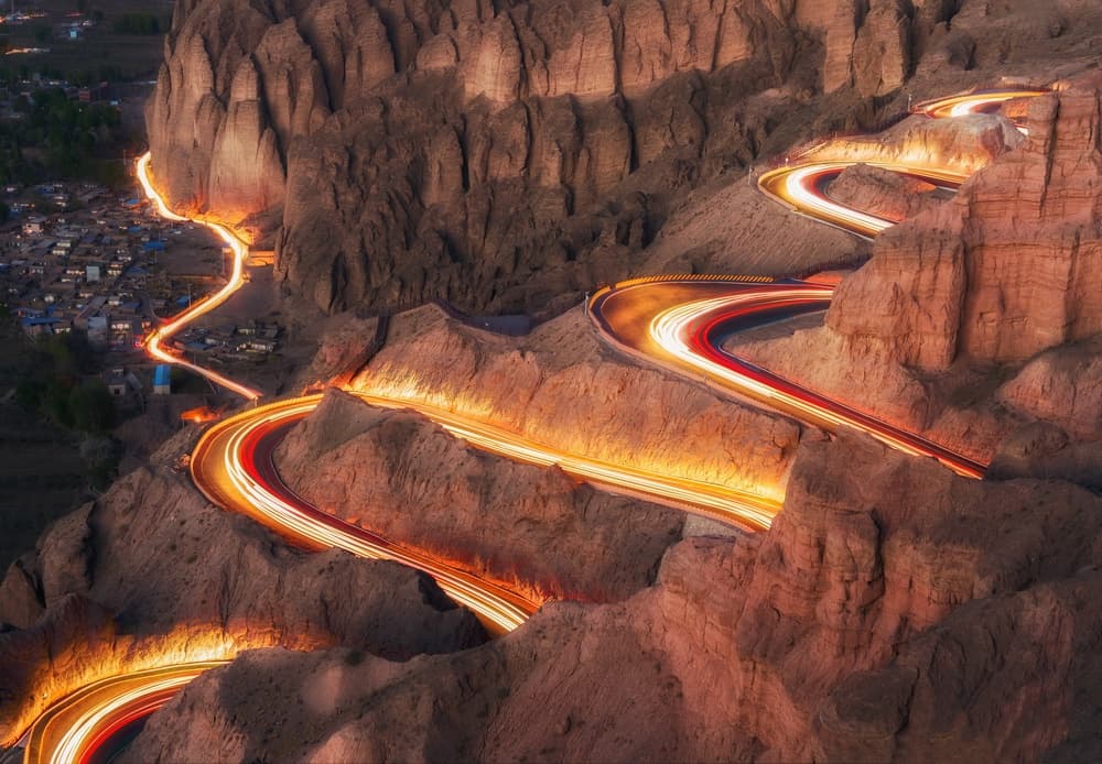 Winding Mountain Light Trails by MiracleGuo — canvas wall art