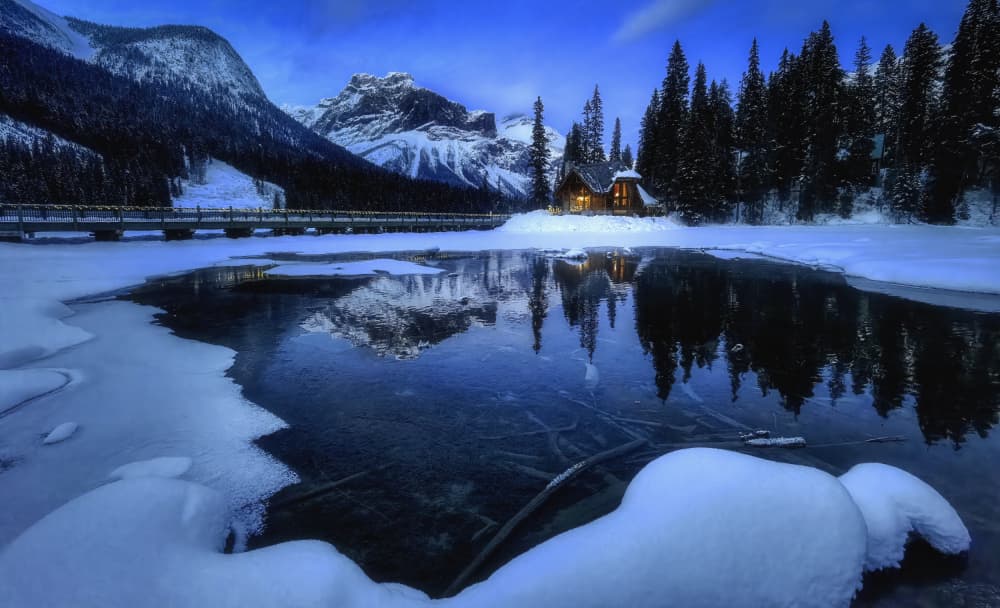 Cozy Winter Lake Cabin by Alex Lu — canvas wall art