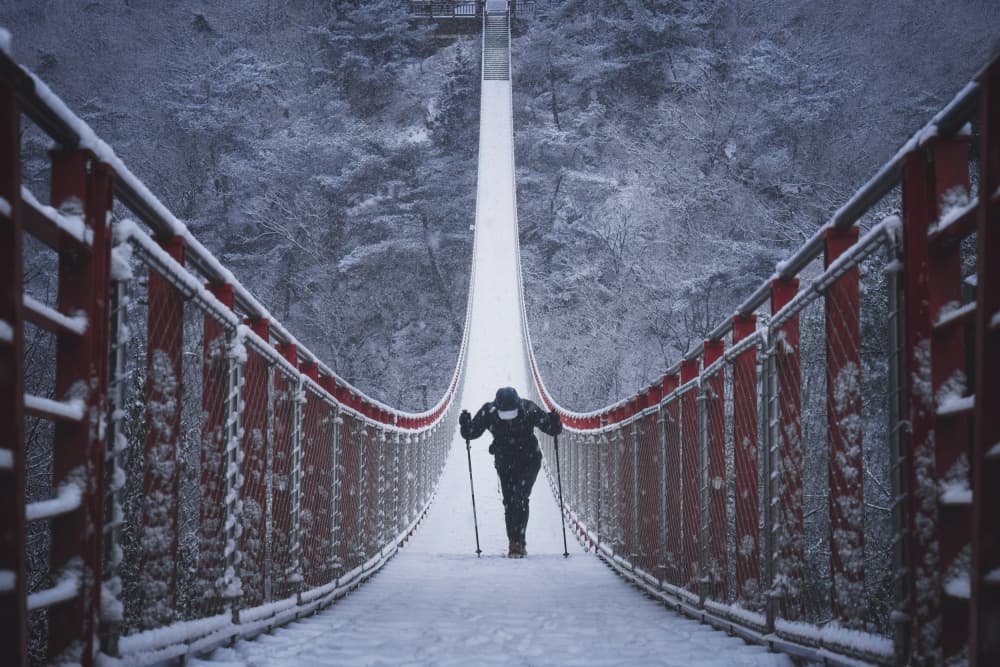 Winter Mountain Bridge Walk by Tiger Seo — canvas wall art
