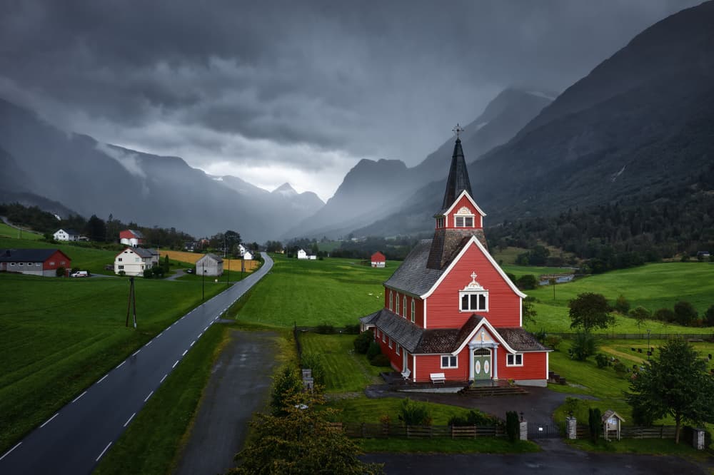 Green Valley Red Church by Juan Pablo de Miguel — canvas wall art
